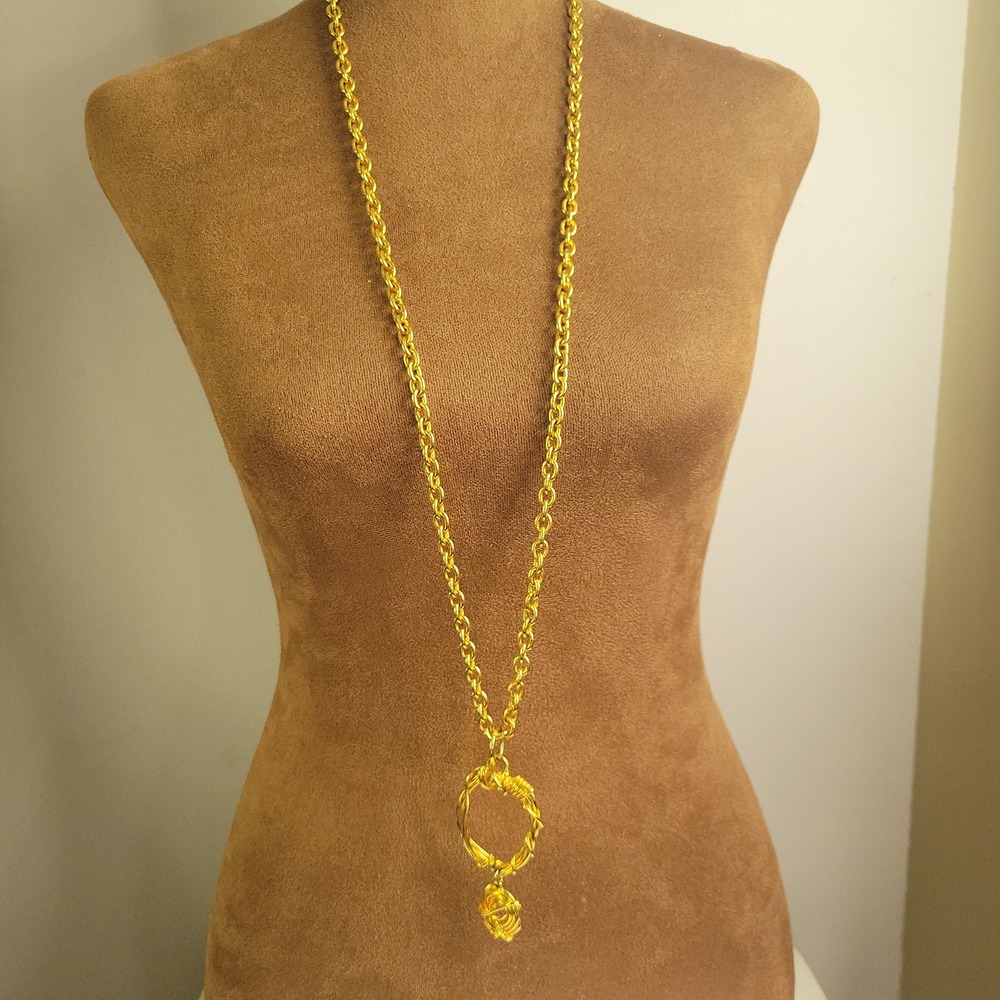 Gold Wire Wrapped Nest Pendant Long Link‎ Chain Necklace 36 Inch Whimsigore